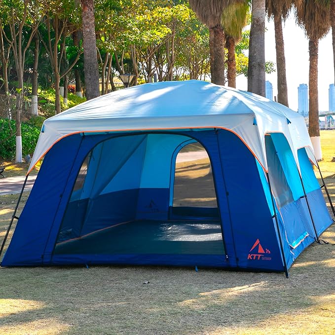KTT Extra Large Tent 10-12-14 Person(B)Family Cabin Tents2 Rooms3 Doors and 3 Windows with MeshStraight WallWaterproofDouble LayerBig Tent for OutdoorPicnicCampingFamily Gathering