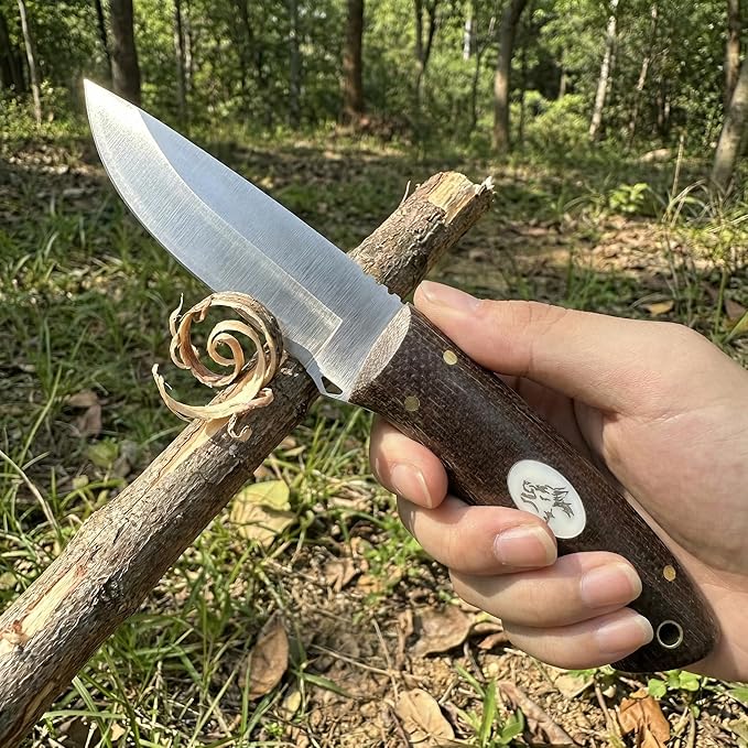 Fixed Blade Knife with Leather 3.54 D2 Steel Survival Knives for Camping Bushcraft Hunting Ergonomic Flax Handle Outdoor Survival Gear Gift for Men