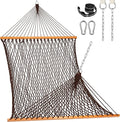 Lazy Daze Hammocks Double Rope Hammock 2 Person Traditional Outdoor Hand Woven Cotton Rope Hammock with Spreader Bar Carabiners Tree Straps Chains for Patio Yard - Max 450 Lbs Dark Brown