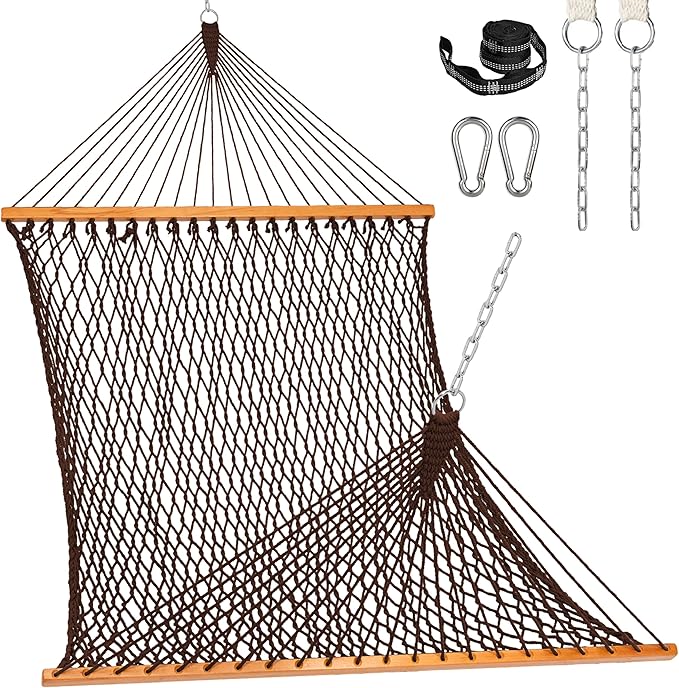 Lazy Daze Hammocks Double Rope Hammock 2 Person Traditional Outdoor Hand Woven Cotton Rope Hammock with Spreader Bar Carabiners Tree Straps Chains for Patio Yard - Max 450 Lbs Dark Brown