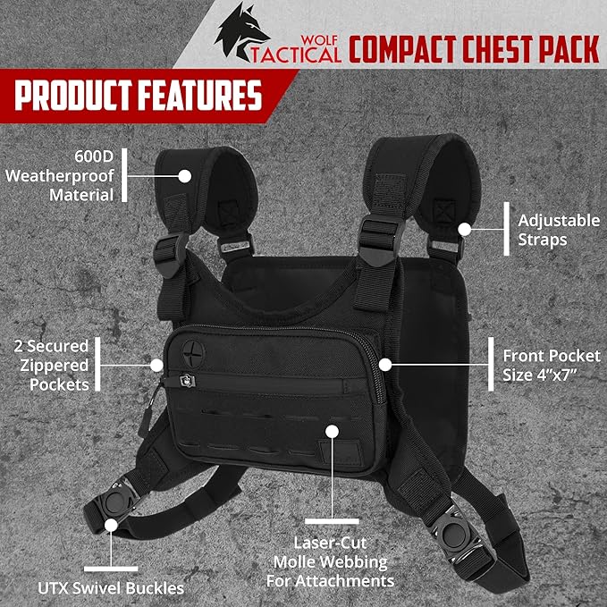 Wolf Tactical Men Chest Pack - Lightweight Running Vest Water Resistant Black