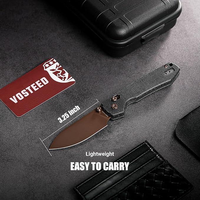 Vosteed Raccoon EDC Knife Lightweight Pocket knife with Clip for Men &amp Women - 3.25 Sandvik 14C28N Steel Rose Gold Blade Crossbar Lock Micarta Handle Folding knives - A0539
