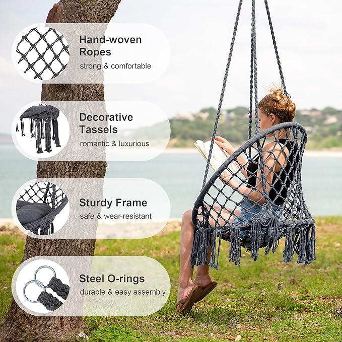 SUNCREAT Hammock Chair Hanging Macrame Swing with Hardware Kits Max 330 Lbs Handmade Knitted Mesh Rope Swing Chair for Indoor Outdoor Bedroom Patio Yard Garden Pack of 2 Grey