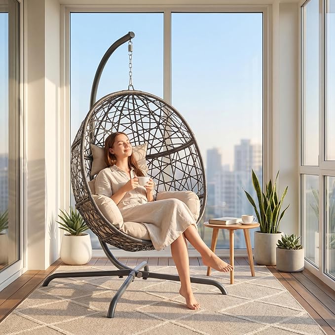 BULEXYARD Oversized Hanging Egg Chair with Stand Indoor Outdoor Grey Wicker Bird Cage Swing Chair Patio Hammock Swinging Chair with Beige Cushion for Balcony Porch 350lbs Capacity