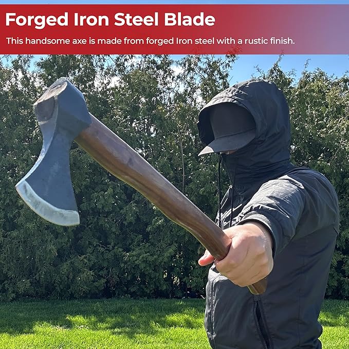 MedievalDepot Early Type A Dane Viking Battle Axe – Overall 20” - Forged Iron Steel Blade Wooden Contoured Handle with Lanyard Hole Rustic Finish for Costume and Outdoor Use