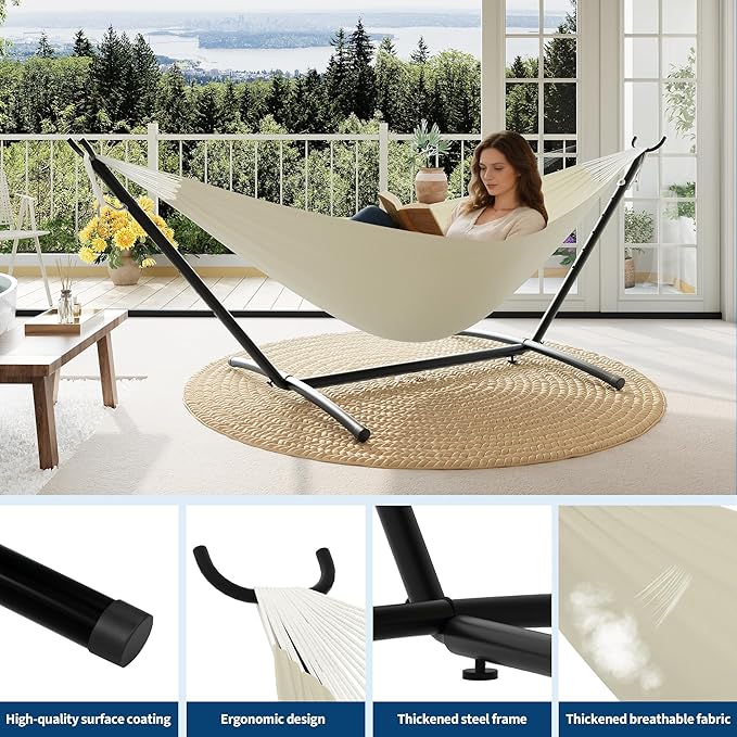 Double Hammocks with Stand for Outside Portable Space Saving Heavy-Duty Steel Stand for Indoor Outdoor Patio with Carrying Bag 450 lbs Capacity
