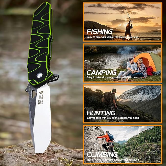 WPKOPYA 8.4in Folding Knife AUS-8 Steel Blade G10 Handle with Anti-Slip Texture Ball Bearing Pivot Stonewashed Finish EDC Pocket Knife for Camping Hiking Survival (AUS-8 (G10 black/green))