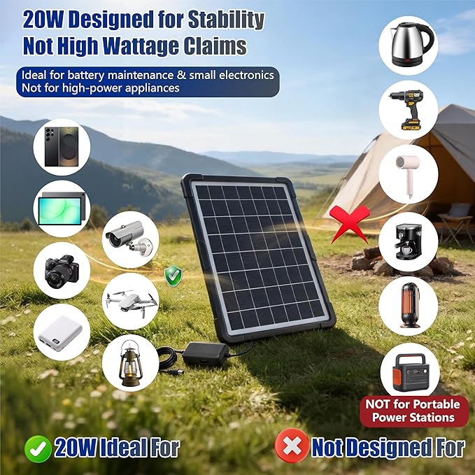 20W Hybrid Solar Battery Charger &amp Maintainer 12V + USB Hub Kit - Waterproof Trickle Charger for Car Boat RV Motorcycle - Universal 5-in-1 Portable Solar Panel for Phone Camping