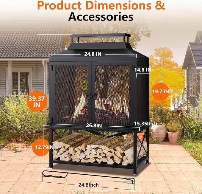 2-in-1 Metal Chiminea Fireplace with GrillWood Burning Outdoor Fireplace with Wood Storage ChimneyMetal Mesh Spark Screenand Fire Tongs Ideal for YardsPatios GardensCampingand Picnics