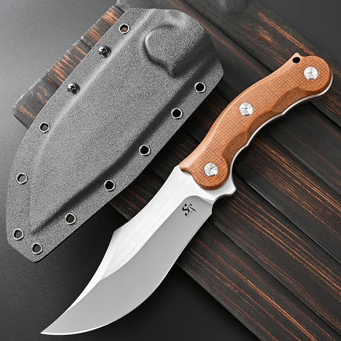 Sitivien ST39 Fixed Blade Knife 7mm DC53 Steel Blade Ergonomic Micarta Handle Full Tang Knife with Sheath for Outdoor Camping Hiking Working Survival (Brown)