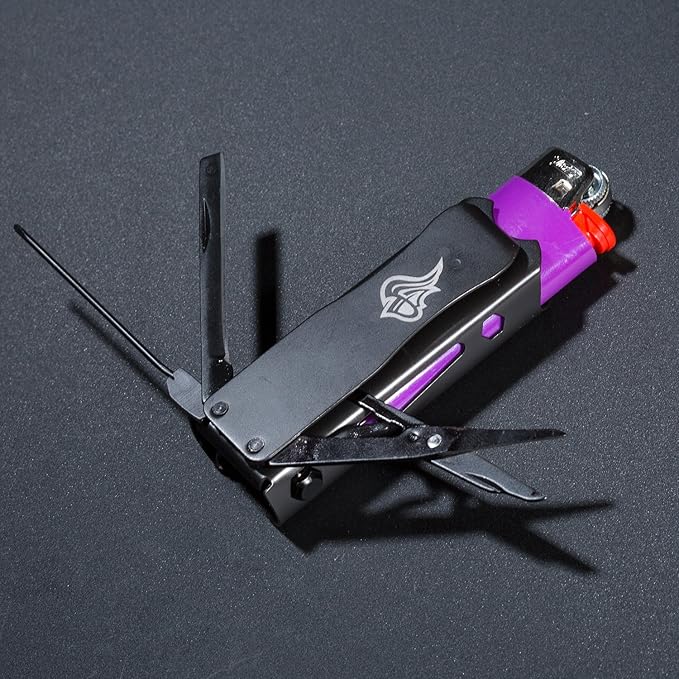 LighterBro Pro Lighter Sleeve - Multi-Tool - 420 Stainless Steel - Easily Fits Your Favorite Lighters - Includes Mini Pocket Knife Ruler Scissors Screwdriver Poker Key Ring &amp More (Black)