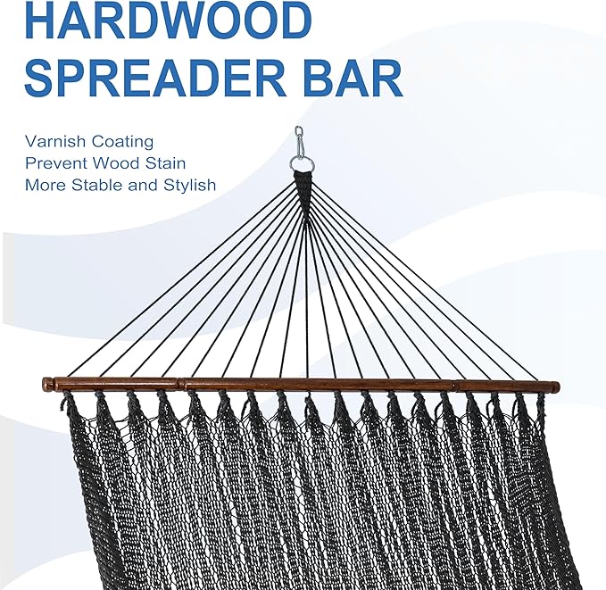 Lazy Daze Hammocks 10.5 FT Double 2 Person Caribbean Rope Hammock Hand Woven Polyester Hammock with Spreader Bars for Outside Outdoor Backyard Patio Poolside 450 LBS Capacity Gray