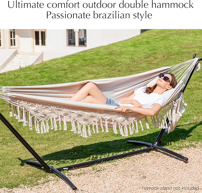 PNAEUT Double Hammocks for Outside Replacement Outdoor Tree Hammock for Indoor Patio Porch Garden (Tassel Beige Medium)