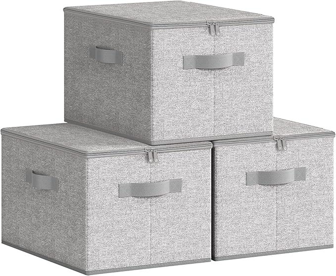 SONGMICS Foldable Storage Organizer Boxes Set of 3 Storage Basket Bins with Lids Handles Clothes Organizer 15.7 x 11.8 x 9.8 Inches Non-Woven Fabric Dove Gray URZB003W01