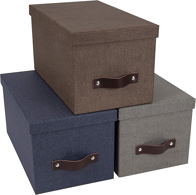 Bigso Silvia Organizational Storage Box with Leather Handle for Shelves and Stacks Easily - Durable and Decorative Storage Boxes with Lids - 5.9 in x 6.5 in x 11.6 in - Gray