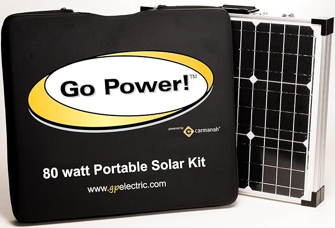 Go Power GP-PSK-90 90W Portable Folding Solar Panel Kit 10 Amp Solar Controller Adjustable Folding Legs SAE &amp XLR Plug Adapters Includes Heavy Duty Carrying Case