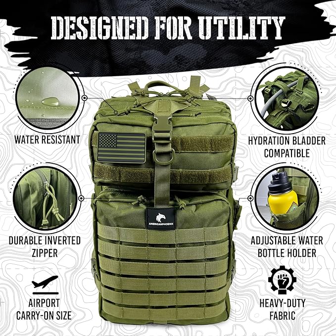 AMERICANPHOENIX 45L Elite Tactical Backpack | 3X Stronger Work &amp Military Backpack | Water Resistant and Heavy Duty | 3 Day MOLLE Bug Out Bag (Olive Green)