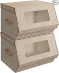 SONGMICS Stackable Storage Bins Set of 2 Storage Boxes with Lids and Front Windows Non-Woven Fabric Closet Organizers with Magnetic Closures Side Handles Sand Beige URLB002Y01