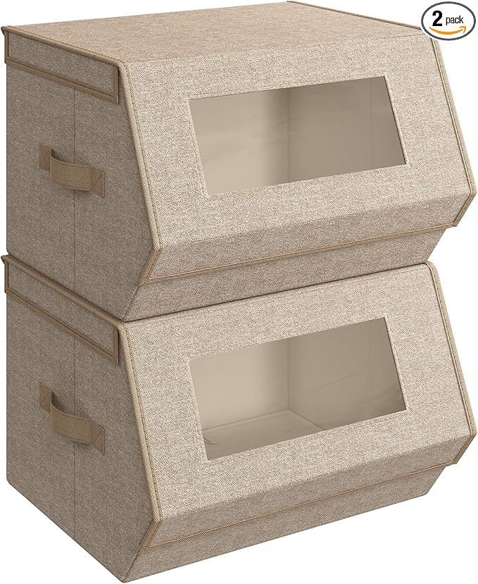SONGMICS Stackable Storage Bins Set of 2 Storage Boxes with Lids and Front Windows Non-Woven Fabric Closet Organizers with Magnetic Closures Side Handles Sand Beige URLB002Y01