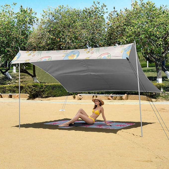 Easter Egg Beach Canopy Sun Shelter with Sandbags &amp Sand Shovel &amp Windproof Ropes - Portable 110x126 Beach Shade Beach Tent for Camping Picnics