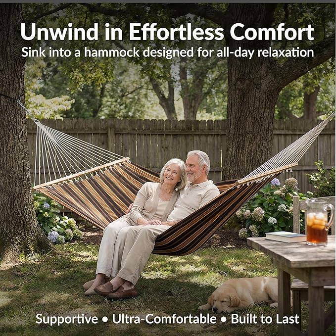 Sunnydaze Quilted Outdoor Hammock with Spreader Bars - Heavy-Duty 450-Pound Capacity Double Hammock for Outside - Woodland Stripe