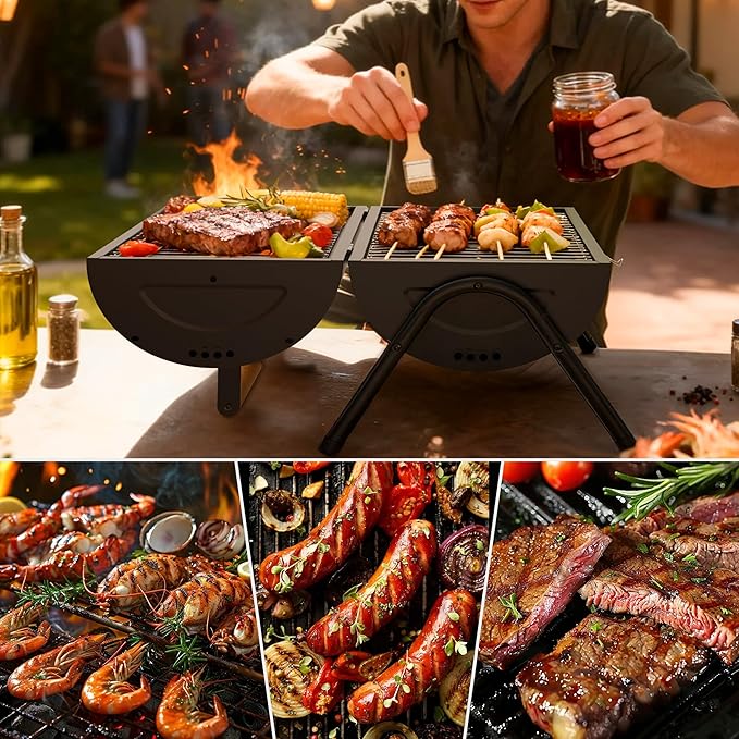Portable Charcoal Grill with Warming Rack Wooden Handle Tabletop BBQ Grill for Outdoor Barbecue Camping Picnic Backyard Patio Black