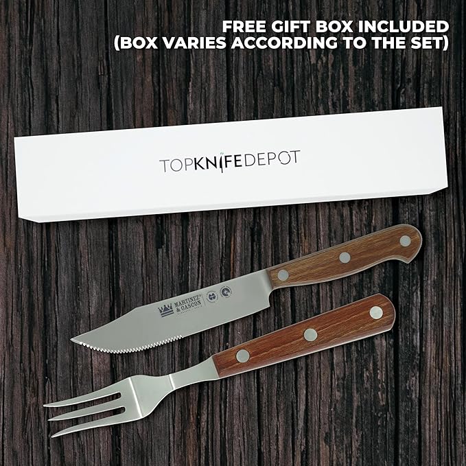 Lodge Steak Knife &amp Fork Set – Serrated Blade – Molybdenum Vanadium Stainless Steel - Layered Oak Wood Handle - Excellent choice for informal or formal BBQs - Set includes 1 Knife &amp 1 Fork
