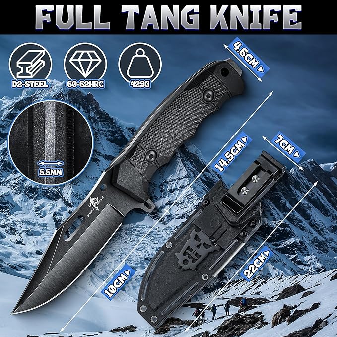 Purple Dragon Fixed Blade Knife with Kydex Sheath D2 Steel Survival Knives Black Camping Knife with Ergonomic G10 Handle Outdoor Knives for Men and Women