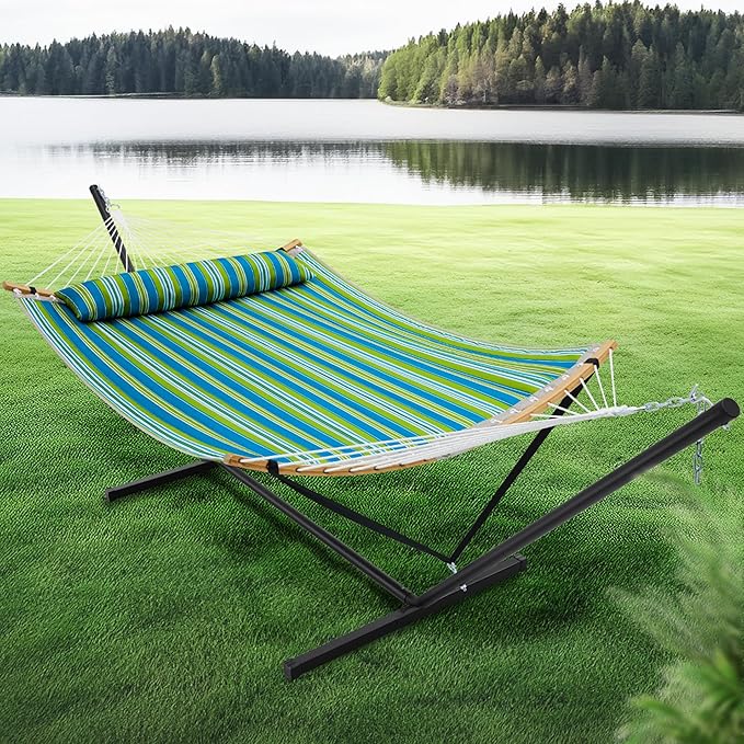SUPERJARE Curved-Bar Hammock with Stand 2 Person Heavy Duty Hammock Frame Detachable Pillow &amp Portable Carrying Bag Perfect for Outdoor &amp Indoor Thin Blue and Green Stripes