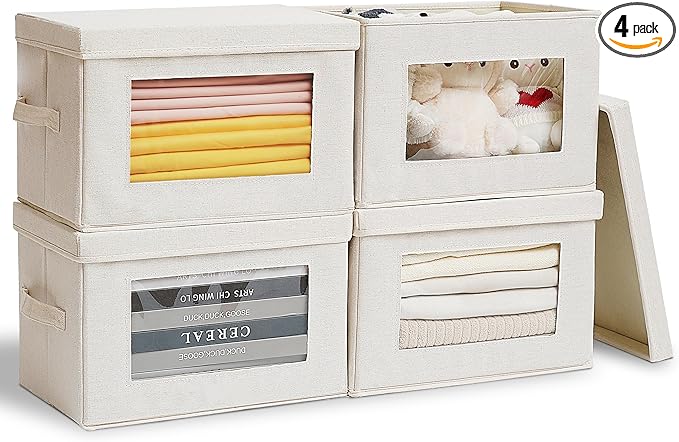 4-Pack Storage Bins with Lids Fabric Foldable Storage Bins with Soft Cord Handles Cube Closet Storage Baskets with Lids Organizers for Organizing Clothes and Books Beige