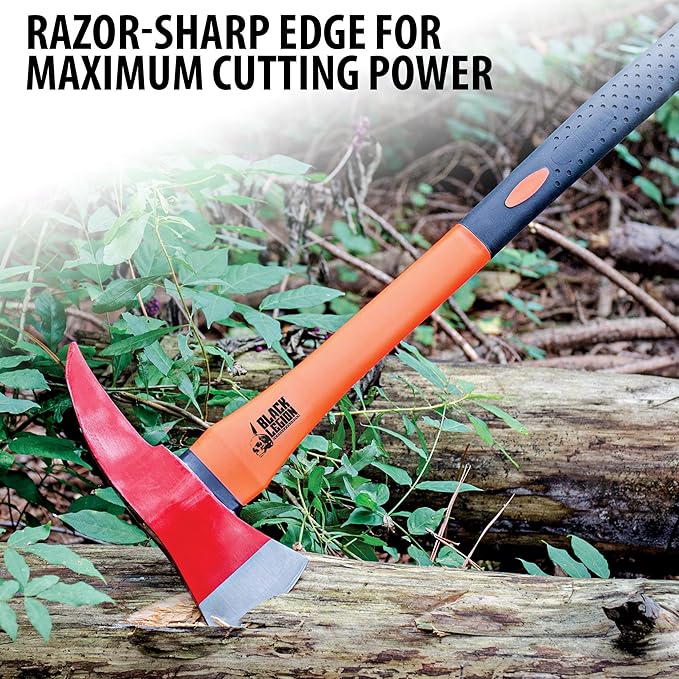 Black Legion Firefighter Axe | All-Stainless Steel Construction | Striking Red Axe Head | No-Slip Rubberized Handle | 4 Blade | 23 1/2 Overall