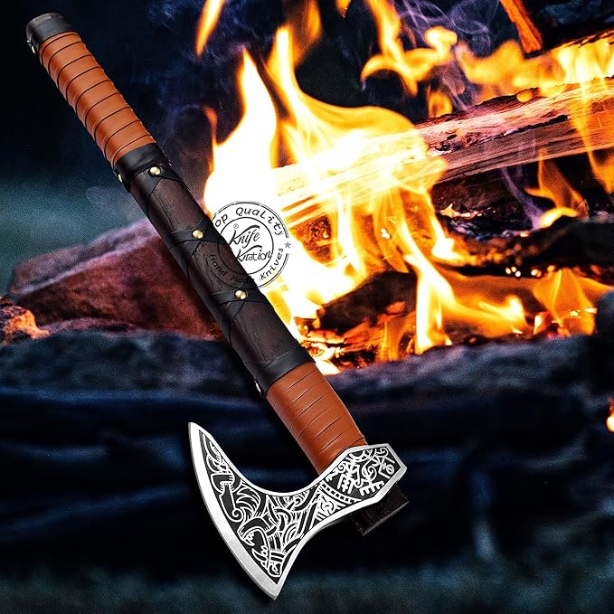 Hand-Forged Engraved Viking Axe of Ragnar Lothbrok Hunting Axe Handmade Camping Axes Hatchet-Norse Axe Tomahawk Vikings Bearded Axes with Leather-Wrapped Handle &amp Sheath (AXE-12)