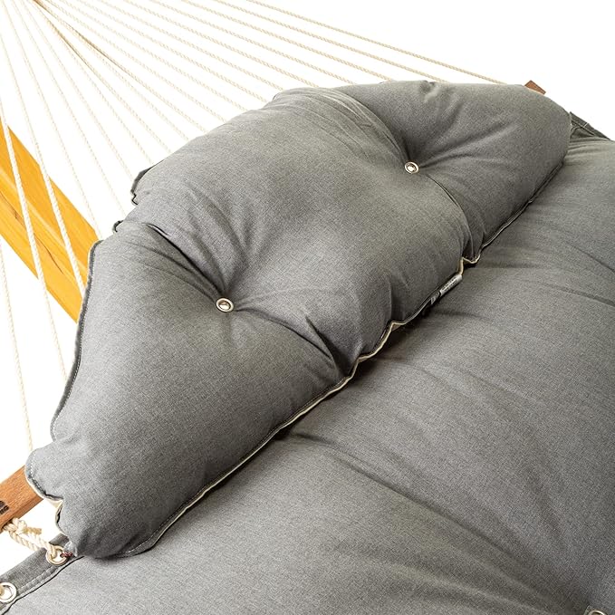 Hatteras Hammocks Large Cast Slate Sunbrella Tufted Hammock with Detachable Pillow – 13 ft. x 55 in. 2-Person 450 lb Capacity Cumaru Spreader Bar – Handcrafted in The USA