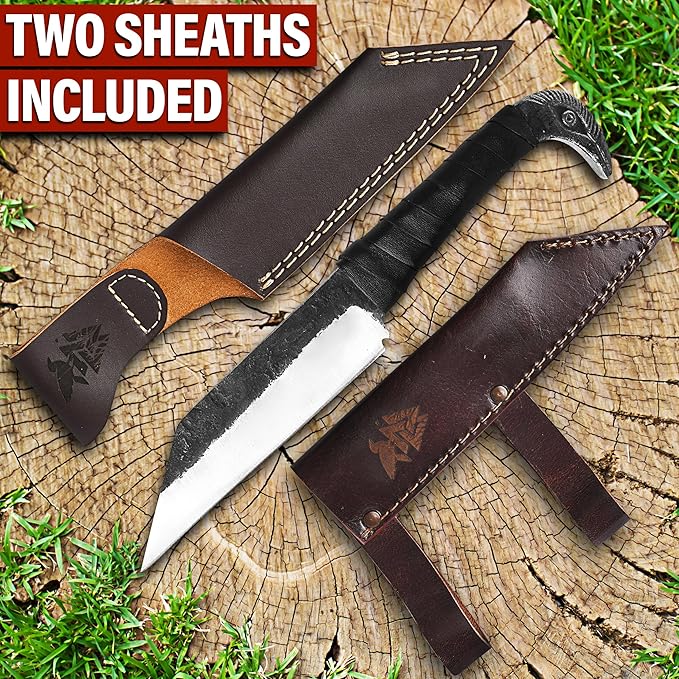 Odin's Raven Viking-styled Seax Knife 8.6 - Hand-Forged 4.4 Carbon Steel Blade Raven's Head Hilt and 2 Genuine Leather Sheaths - Unique Medieval Seax Style - Norse Knife for Hunting &amp Camping