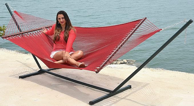 Island Oasis Caribbean Hammocks and Stand Set (Green Stand and Red Hammock)