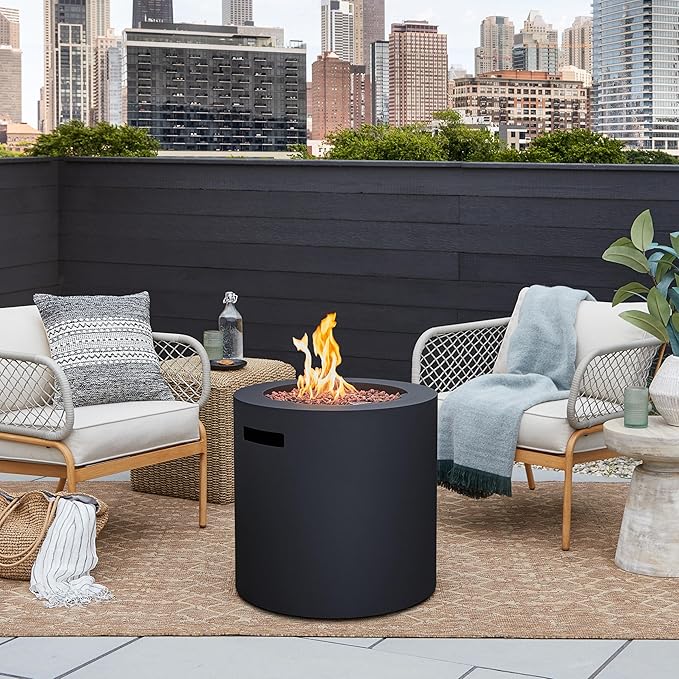 Real Flame Aegean 24 Round Propane Gas Fire Pit Table with Hidden Tank 50000 BTU Powder-Coated Steel Push-Button Ignition Lava Rock Storage Cover Stainless Steel Burner with Lid - Black