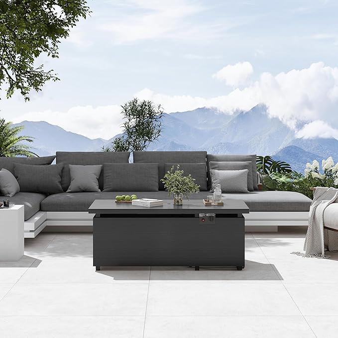 Sundale Outdoor 51 Inch Outdoor Fire Pit Table 50000BTU Rectangle Propane Fire Pit with Sliding Tank Holder Glass Wind Guard Removable Lid CSA Certified Gray