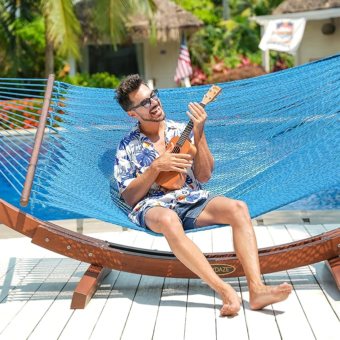 Lazy Daze Hammocks 10.5 FT Double 2 Person Caribbean Rope Hammock Hand Woven Polyester Hammock with Spreader Bars for Outside Outdoor Backyard Patio Poolside 450 LBS Capacity Sky Blue