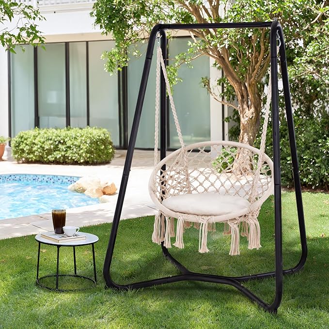 SUNCREAT Patio Swing Chair with Stand and Cushion Heavy Duty Hanging Chair with Stand for Bedroom 330 lbs Capacity Patent Pending Beige