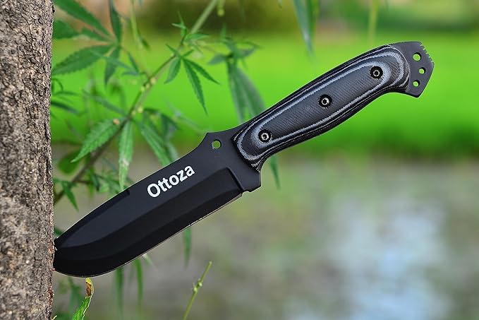 Ottoza Fixed Blade Hunting Knife with Leather Sheath and Horizontal Carry - Full Tang Outdoor Survival and Camping Knife for Men - Micarta Handle 312