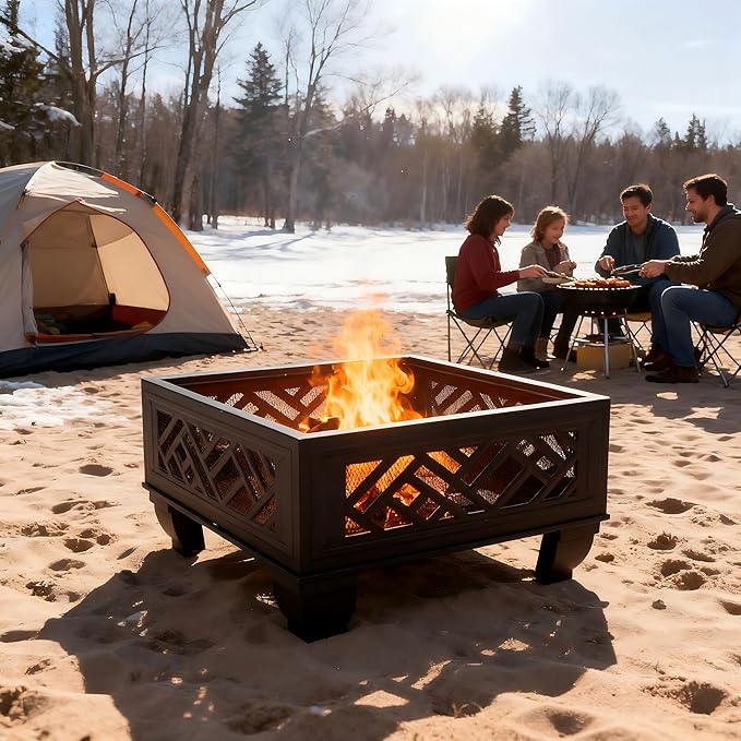 Breezz Update Version 26 Inch Wood Burning Fire Pit with Cooking Grill and Spark Screen Outdoor Metal Firepit for Patio Backyard Bonfire Party Camping and Garden