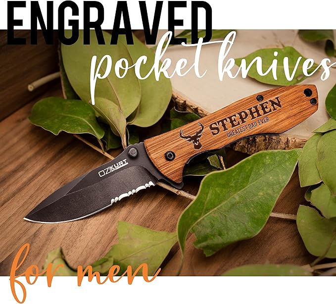 Customization Mill Gifts for Men Personalized Engraved Oak Wood Pocket Knife - 36 Icons 20 Stylish Font - Custom Pocket Knives
