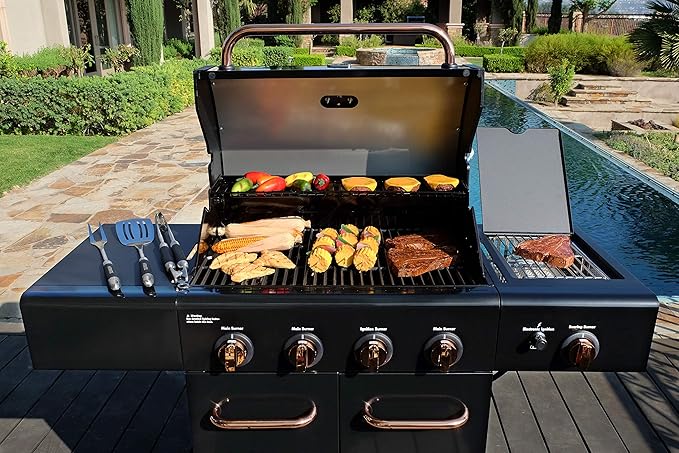 Kenmore 4-Burner BBQ Gas Grill with Searing Side Burner Propane Grill 52000 BTUs Warming Rack Electronic Ignition &amp Cast Iron Cooking Grates Black/Copper