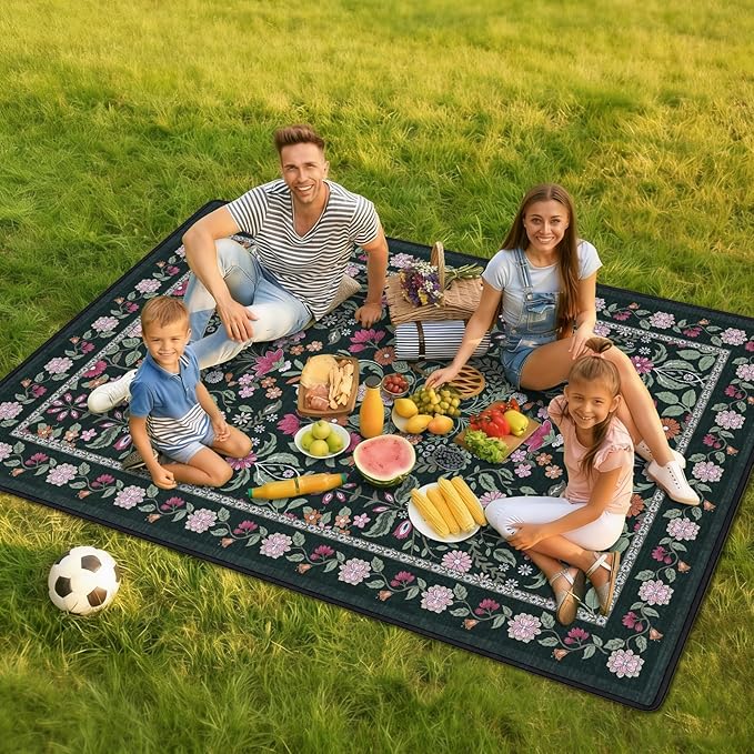 Floral Picnic Blankets Waterproof Foldable 60″X80″ Packable Picnic Mat Boho Outdoor Blanket for Grass Large Beach Blanket Sandproof Picnic Accessories for Camping Music Festival Park Lawn Travel