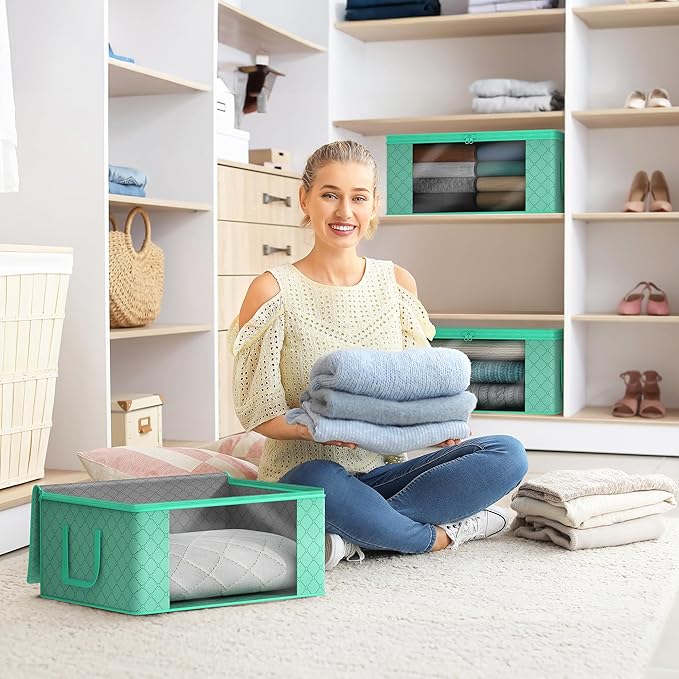 Sorbus Medium Clothes Storage Bags - Foldable Blanket Storage Bins for Organizing Bedroom Closet Clothing Comforter Organization with Clear Window Lids and Carry Handles - Set of 8