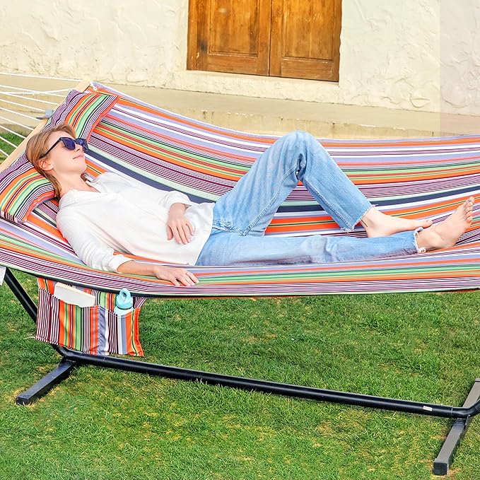 GAFETE 2 Person Hammock with Stand for Outside 12ft Heavy Duty Steel Stand Double Hammocks with Hardwood Spreader Bar Large Removable Pillow Side Pockets Max 475 lbs Capacity (Classic Red)