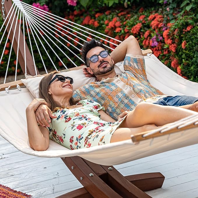 Lazy Daze Hammocks 2 Person Double Quilted Fabric Hammock with Spreader Bar Detachable Pillow Side Pocket Carabiners Chains Straps for Outdoor 450lbs Capacity Natural
