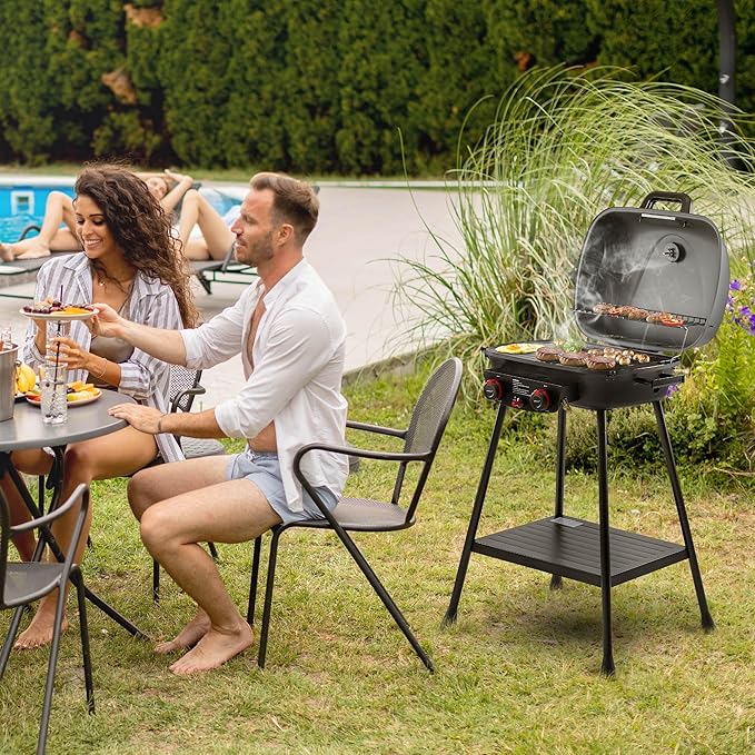 Royal Gourmet GT2003 Portable 2 Burner Propane Gas Grill with Stand and Warming Rack 2-in-1 Grill Griddle Combo with 17000 BTUs Output forCamping Tailgating Backyard Gray