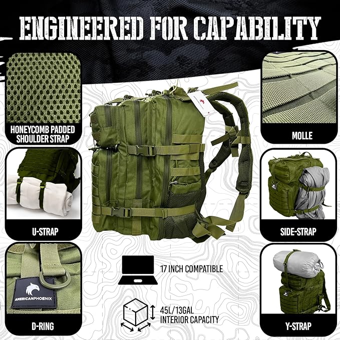 AMERICANPHOENIX 45L Elite Tactical Backpack | 3X Stronger Work &amp Military Backpack | Water Resistant and Heavy Duty | 3 Day MOLLE Bug Out Bag (Olive Green)