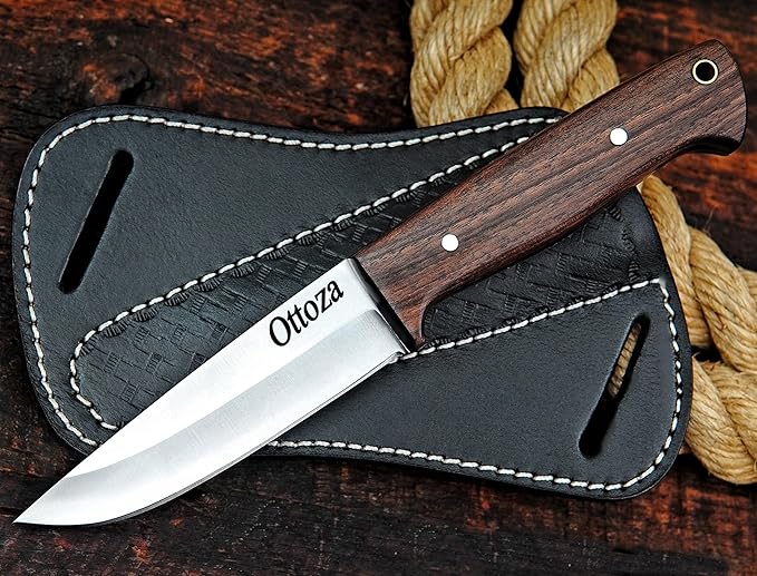 Ottoza Full Tang Bushcraft Knife with 1095 Carbon Steel Fixed Blade - Survival and Outdoor Camping Knife - Black Cross Draw Sheath and Walnut Wood Handle 397